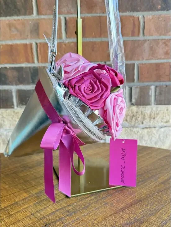 🌸 Betsey Johnson Kitsch Somethin New Bouquet Pink Silver Crossbody Bag NWT - Picture 5 of 14